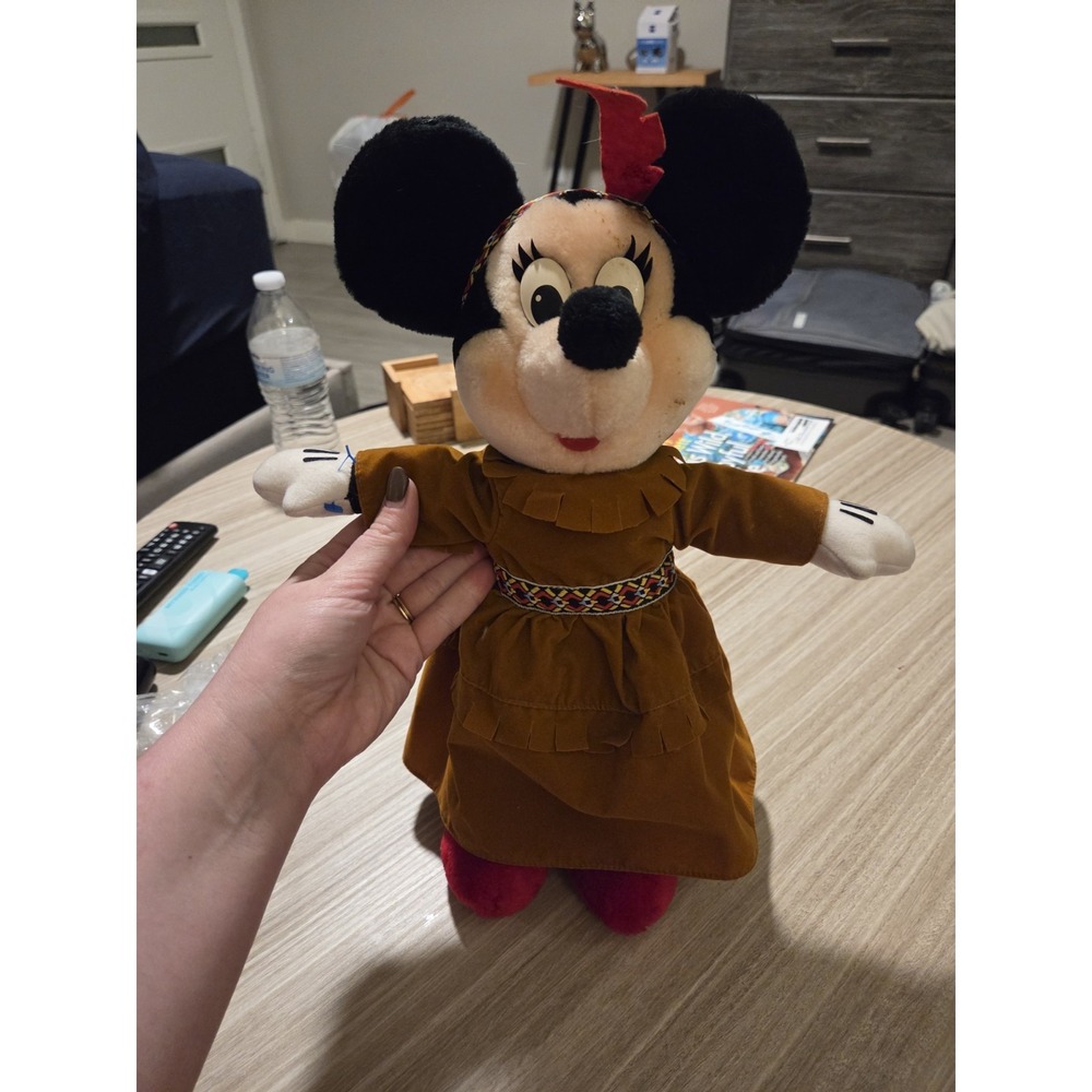 Vintage Plush Minnie Mouse Eurodisney Wearing Brown Buckskin Style Dress